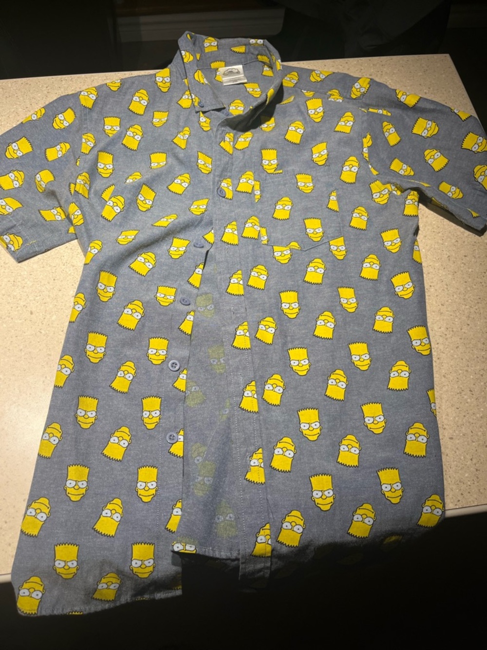 Gray Short Sleeve Button-Up Shirt with Yellow Character Print